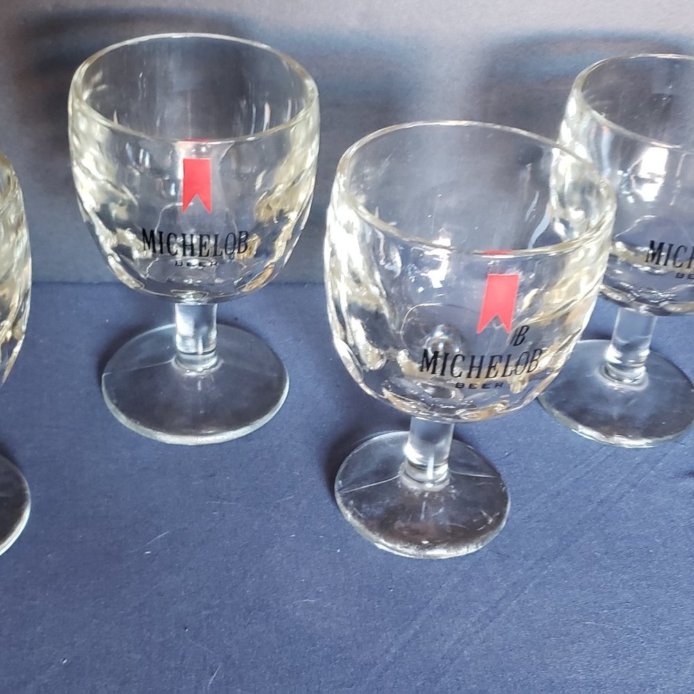 Vintage Michelob Beer Thumbprint Red Logo Goblet Heavy Glasses Lot Of 4